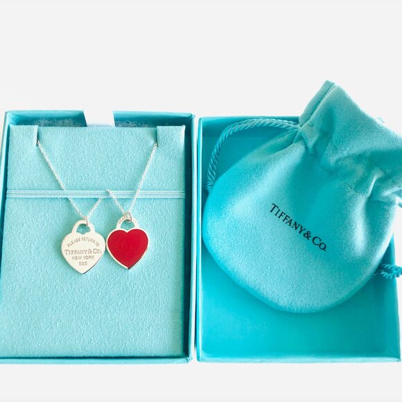 TIFFANY & Co. Return to Tiffany Red Double Heart Tag Pendant  ❣️Tiffany & Co. Double Heart Sterling Silver Red Tag Pendant Necklace Small NEW